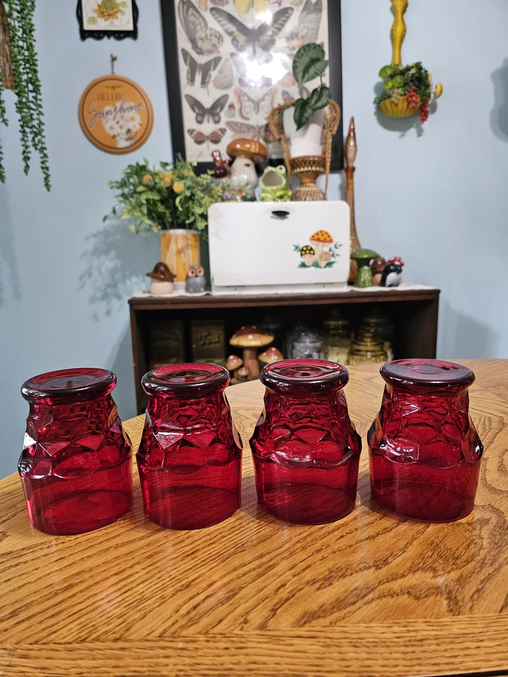 Vintage MCM Ruby Red Set of 4 Georgian Honeycomb Viking Glass Lowball Tumbler